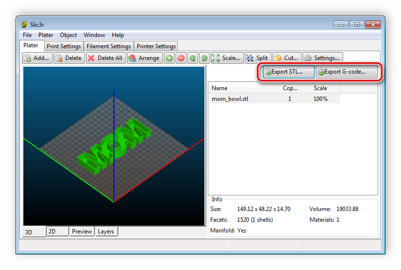 Экспорт готовых инструкций в программе Slic3r