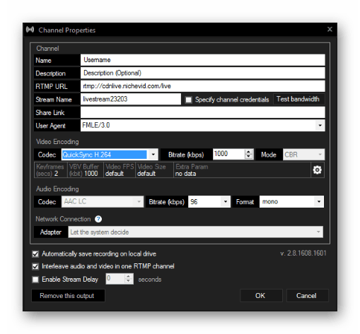 Параметры канала в рабочей области Xsplit Broadcaster