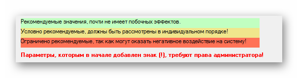 W10 Privacy выделение пунктов разными цветами в зависимости от уровня влияния на ОС