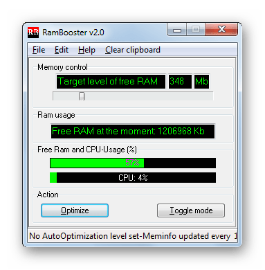 Интерфейс программы RAM Booster