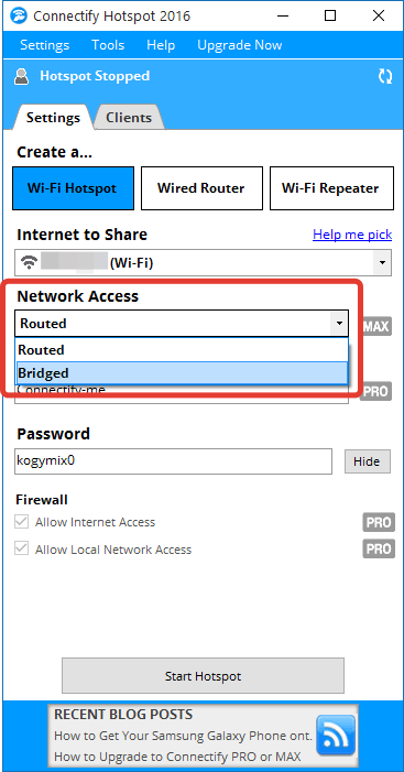 Выбора доступа к сети в Connectify