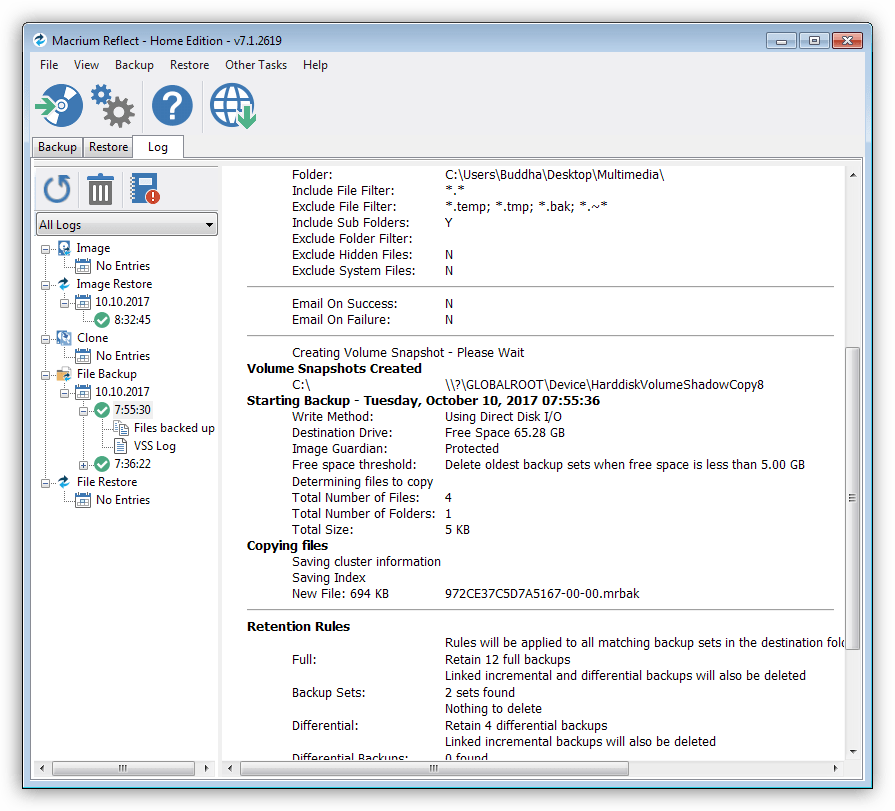 Просмотр журнала операций в программе Macrium Reflect