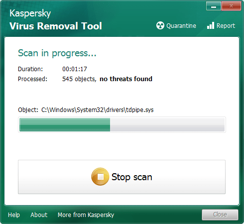 процесс сканирования в Kaspersky Virus Removal Tool