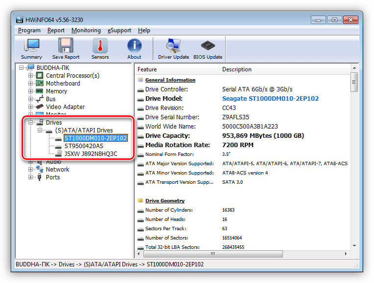 Информация о жестких дисках и приводах в программе HWiNFO