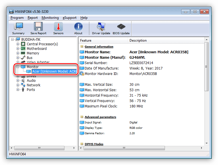 Информация о мониторе в программе HWiNFO