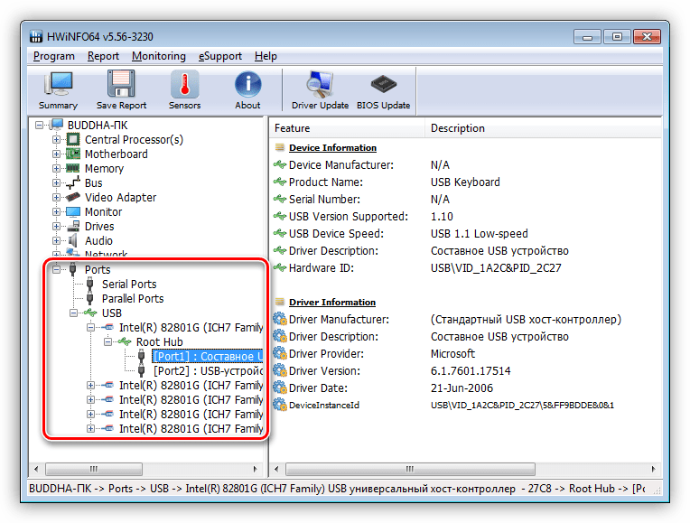 Информация о системных портах в программе HWiNFO