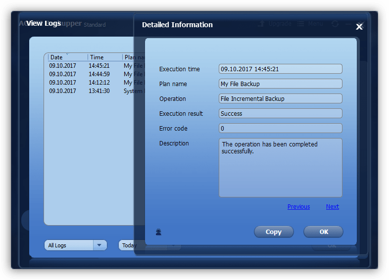 Просмотр журнала операций в программе Aomei Backupper Standard