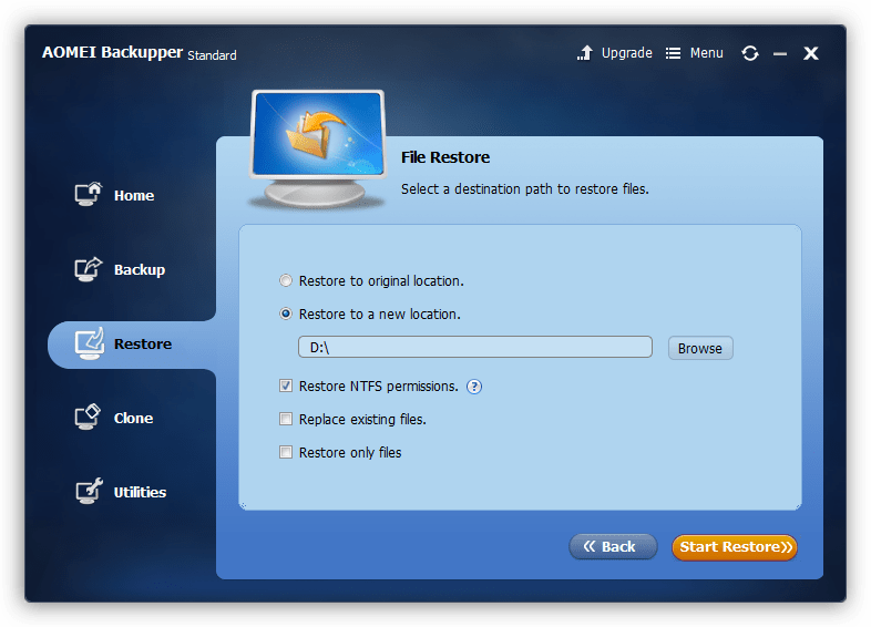 Выбор расположения для восстановления в программе Aomei Backupper Standard