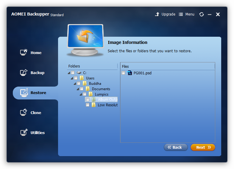 Выбор элементов для восстановления в программе Aomei Backupper Standard