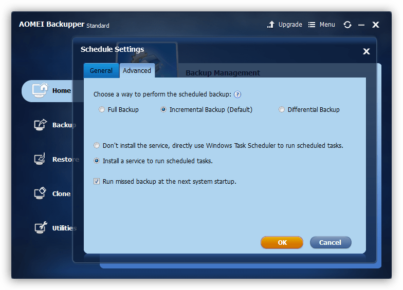 Настройка планировщика задач в программе Aomei Backupper Standard
