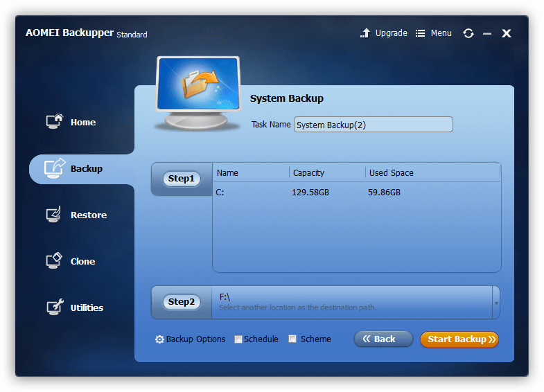Резервное копирование системного раздела в программе Aomei Backupper Standard