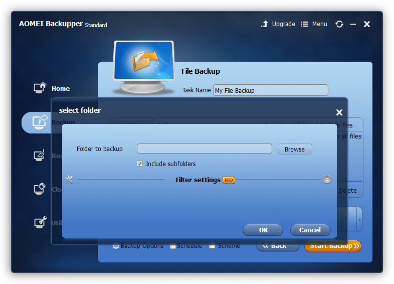 Создание резервной копии файлов и папок в программе Aomei Backupper Standard