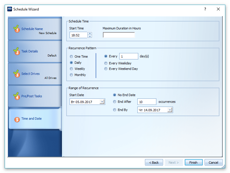 Окно создания нового календаря для дефрагментации программой PerfectDisk