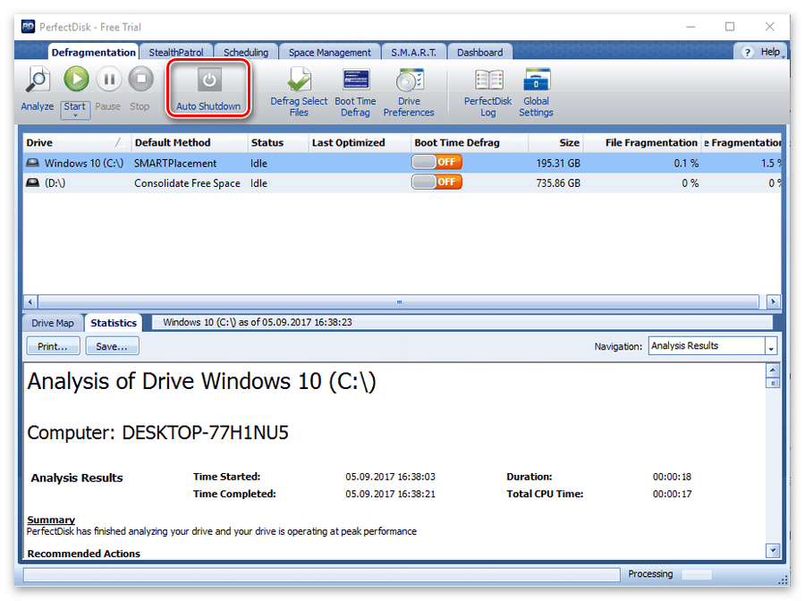 Функция автоматического выключения компьютера после завершения дефрагментации в программе PerfectDisk