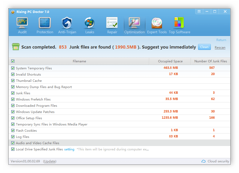 Сканирование и очистка ненужных файлов Rising PC Doctor