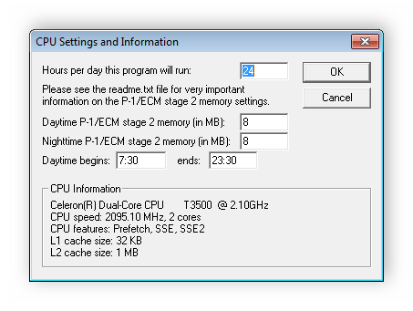 Настройки и информация о процессоре Prime95