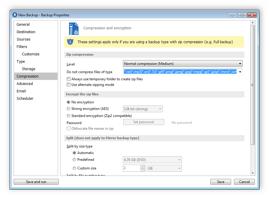 Настройка сжатия файлов Backup4all