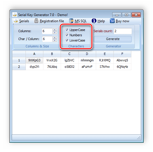 Настройка используемых символов Serial Key Generator