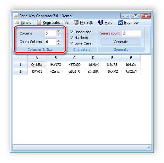 Колонки и символы в них Serial Key Generator