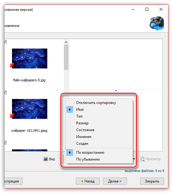 Сортировка найденных файлов в Magic Photo Recovery
