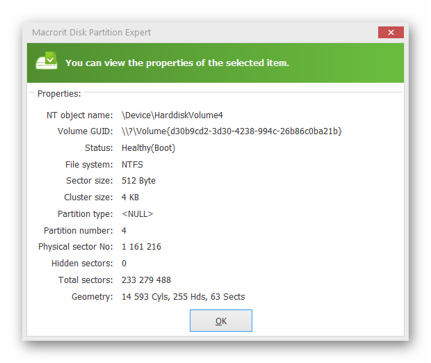 Данные о жестком диске в программе Macrorit Disk Partition Expert
