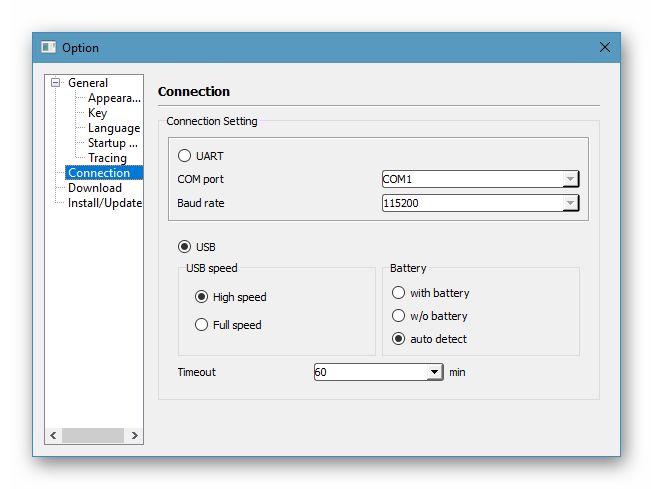 Smart Phone Flash Tool Настройки Connection