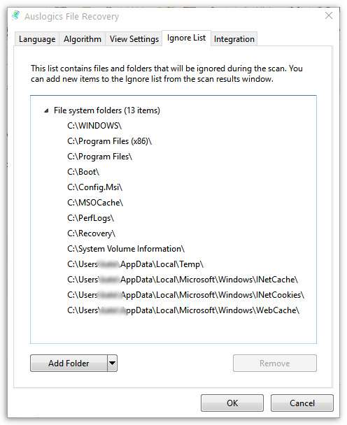 Составление списка игнорируемых папок в Auslogics File Recovery