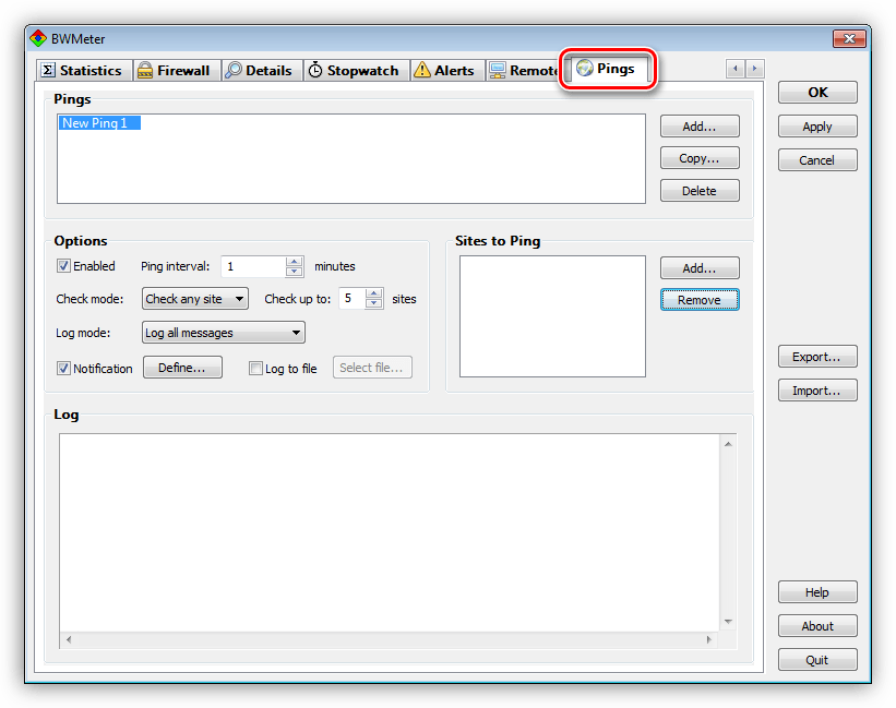 Пингование сайтов в программе BWMeter