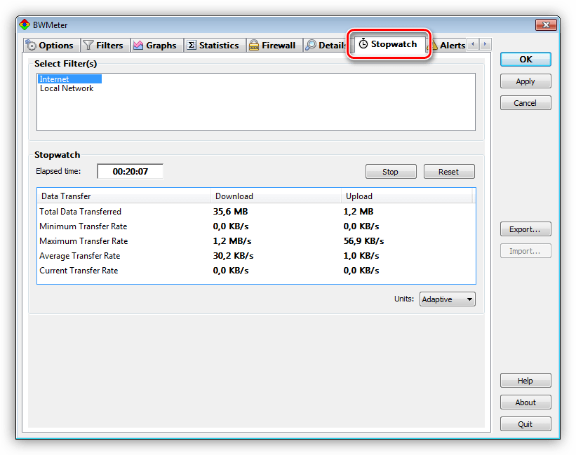 Секундомер в программе BWMeter