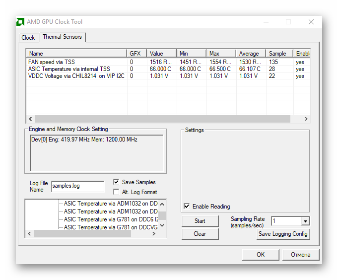 окно мониторинга параметров AMD GPU Clock Tool