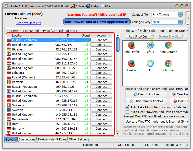 Большой список доступных серверов в Hide All IP