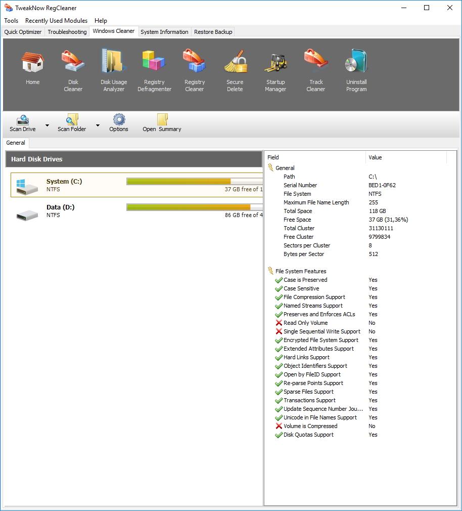 Анализ дискового пространства в TweakNow RegCleaner