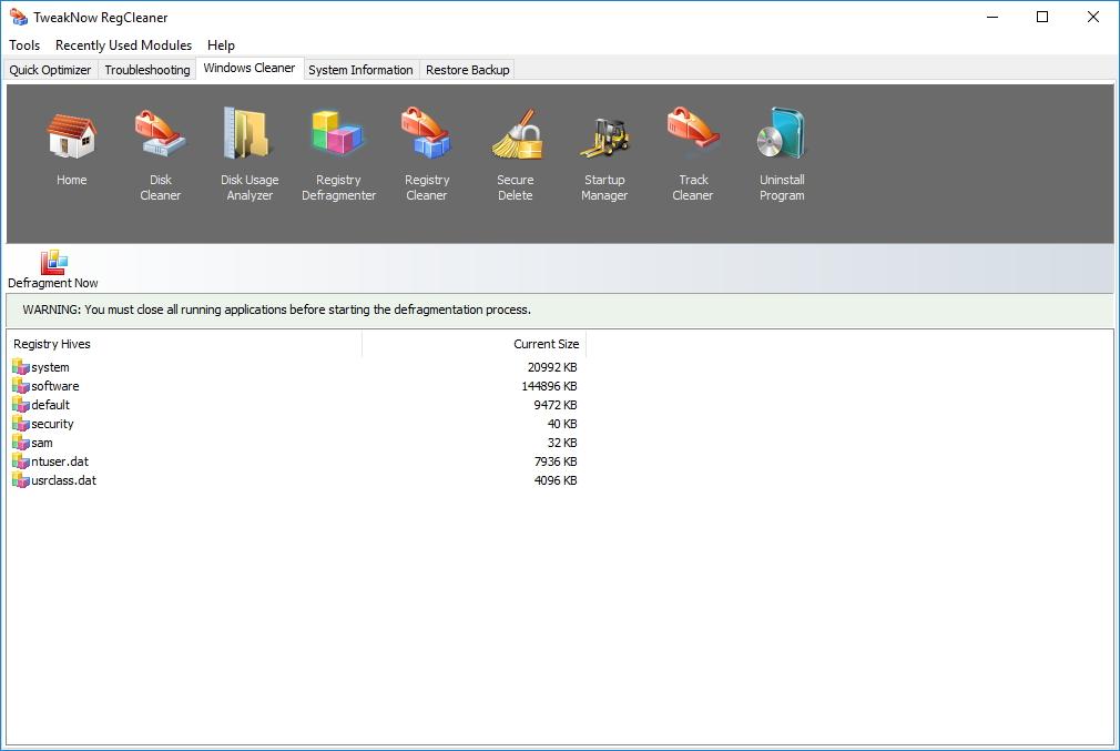 Дефрагментация реестра в TweakNow RegCleaner
