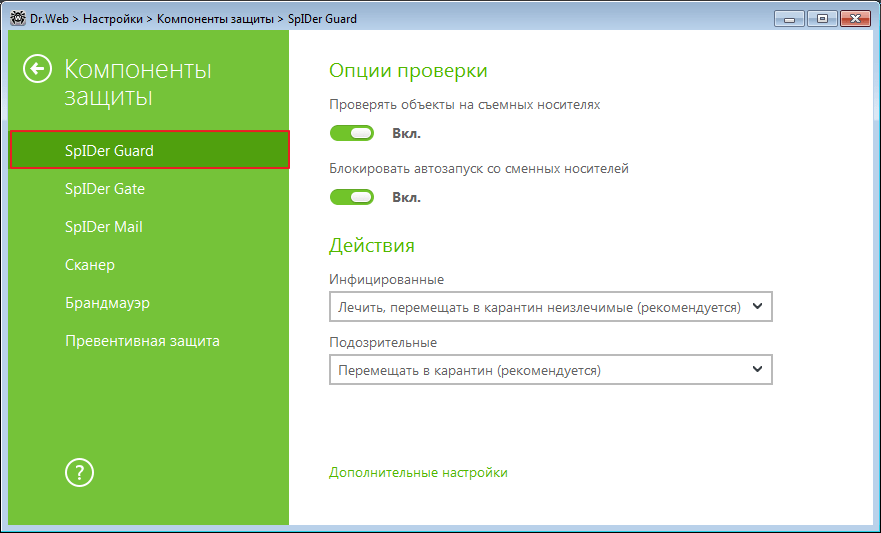 Функция SpIDer Guard в программе Dr.Web Security Space