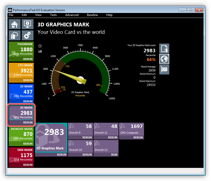 Тестирование производительности видеокарты в 3D режиме в программе Passmark Performance Test