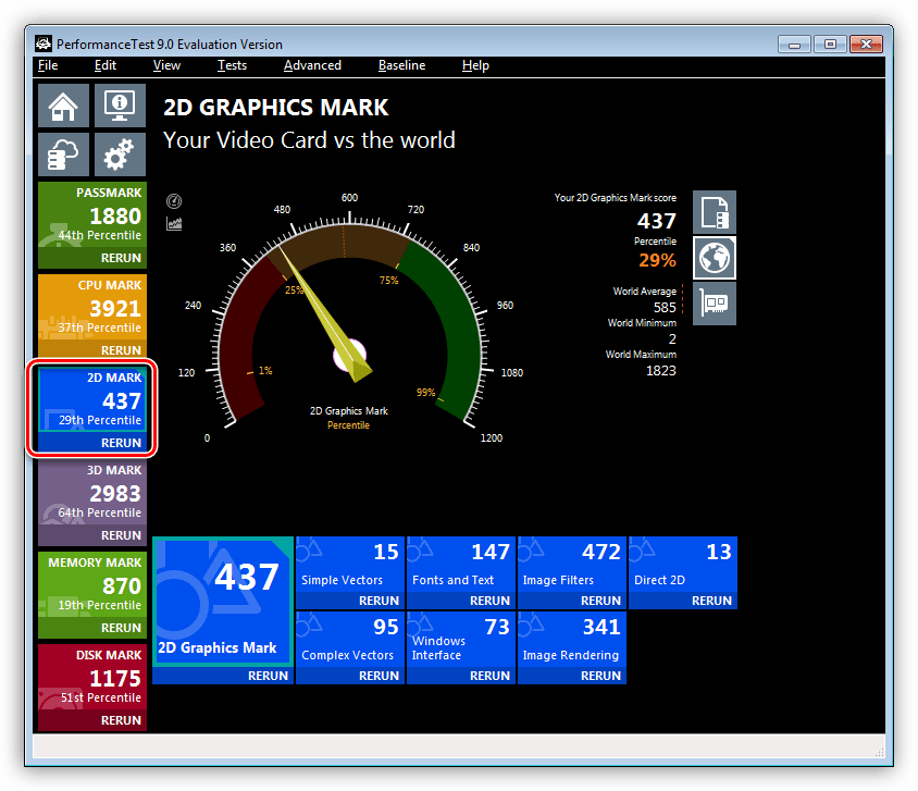 Тестирование производительности видеокарты в 2D режиме в программе Passmark Performance Test