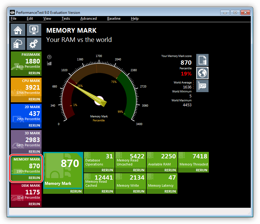 Тестирование производительности оперативной памяти в программе Passmark Performance Test