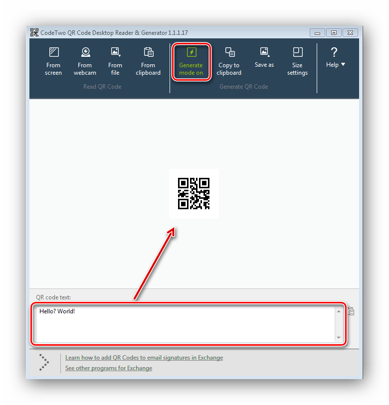 Генерация кода QR Code Desktop Reader & Generator