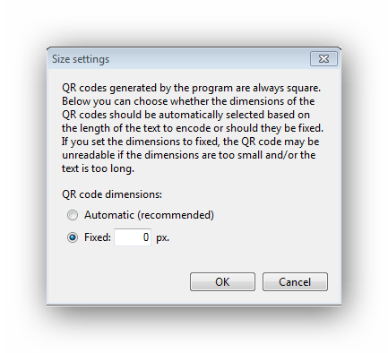 Настройка размера изображения QR Code Desktop Reader & Generator