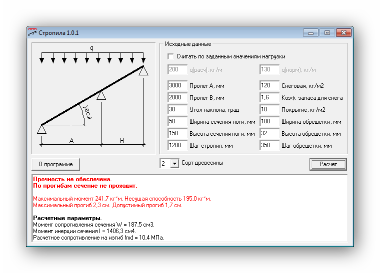 Расчет в программе Стропила