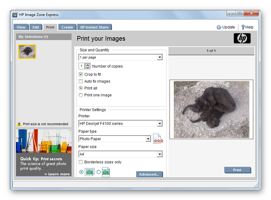 Распечатка фотографии в программе HP Image Zone Photo