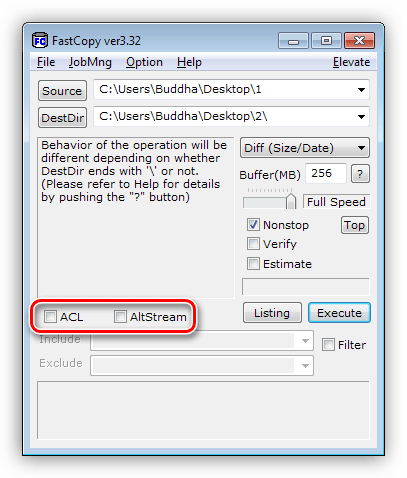 Копирование прав доступа и альтернативных потоков в программе FastCopy