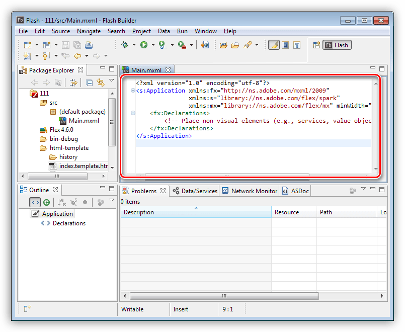 Редактор исходного кода приложения в программе Adobe Flash Builder