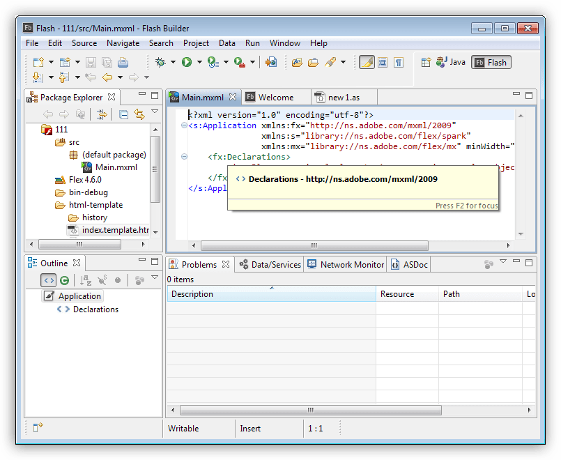 Редакторы и представления в программе Adobe Flash Builder
