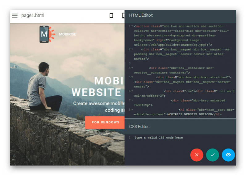 Редактирование кода в программе Mobirise