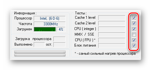 Настройки тестов процессора в S&M