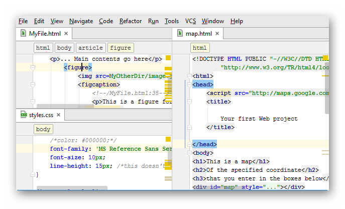 Размещение вкладок в IDE WebStorm