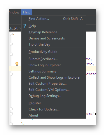 Раздел помощи в редакторе WebStorm