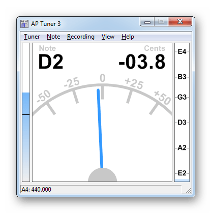 Главное окно программы, в котором производится настройка гитары при помощи микрофона в AP Guitar Tuner