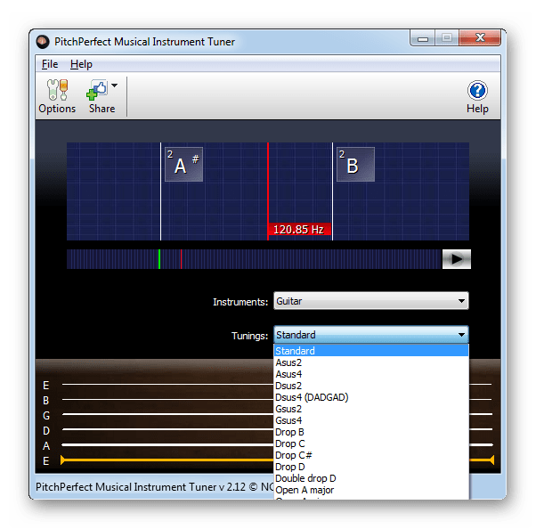 Огромное количество доступных вариантов настройки музыкальных инструментов в PitchPerfect Guitar Tuner
